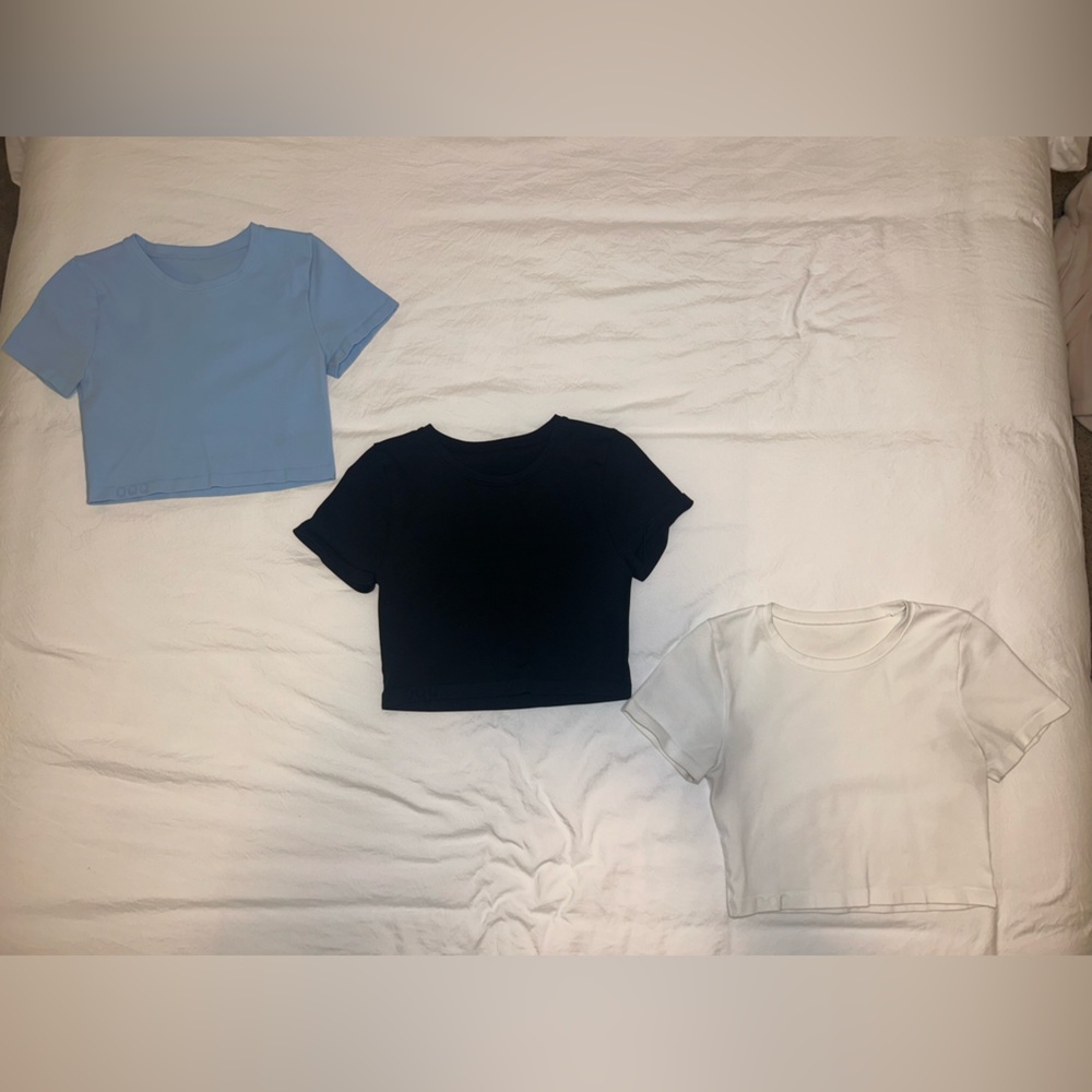 Women's Workout Crop Tops - Light Blue, Black, and White